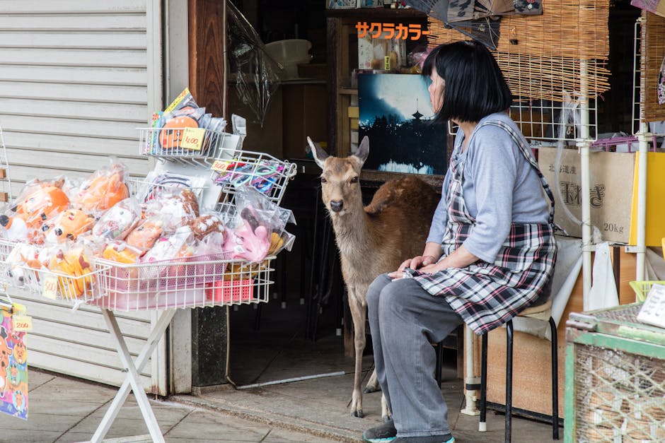 日本の奈良にある土産物店で、鹿と店主がひとときを過ごしています。ユニークな文化的シーンです。
