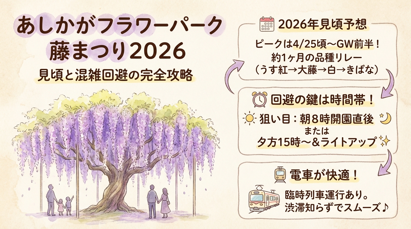 あしかがフラワーパーク藤まつり2026｜見頃と混雑回避の完全攻略 アイキャッチ（PC用）