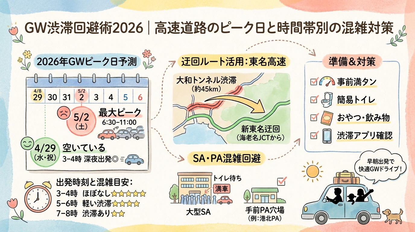 GW渋滞回避術2026｜高速道路のピーク日と時間帯別の混雑対策 アイキャッチ（PC用）