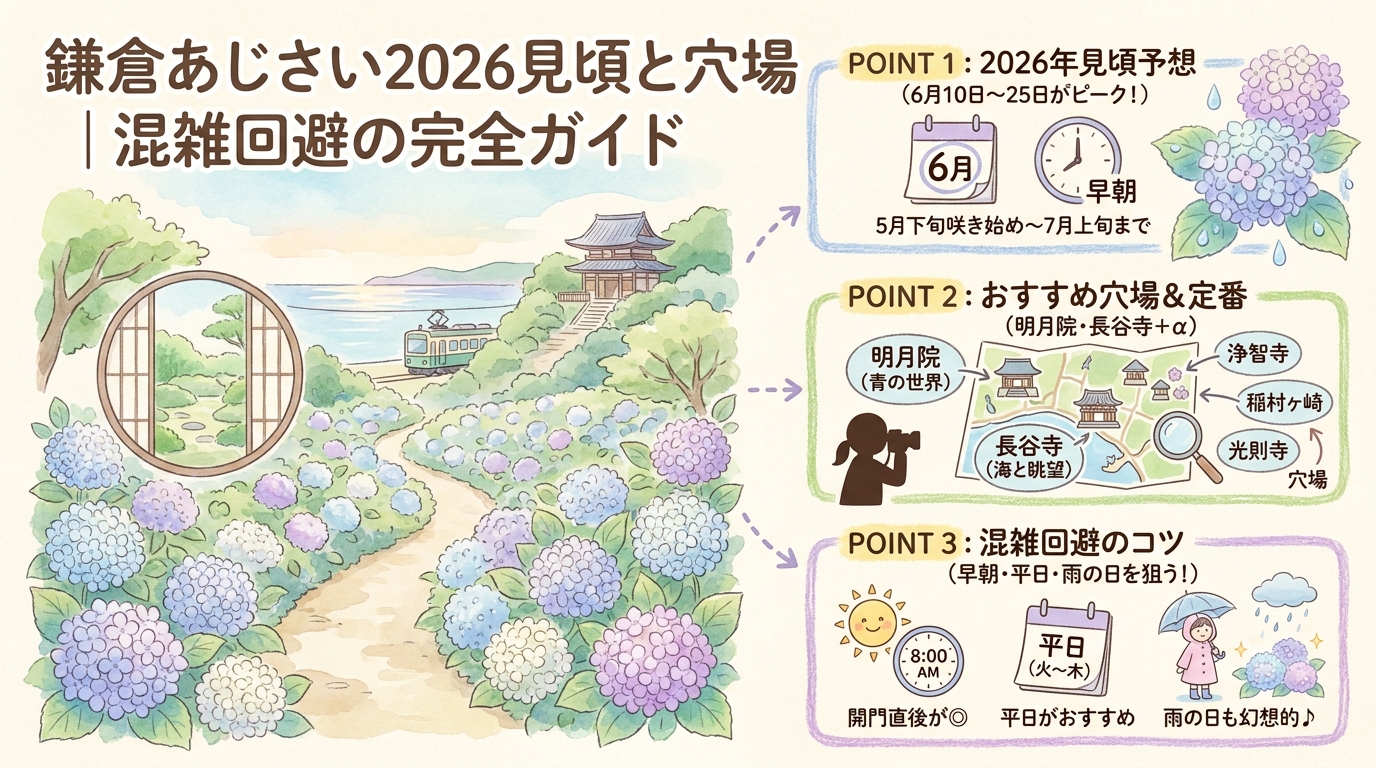 鎌倉あじさい2026見頃と穴場｜混雑回避の完全ガイド アイキャッチ（PC用）