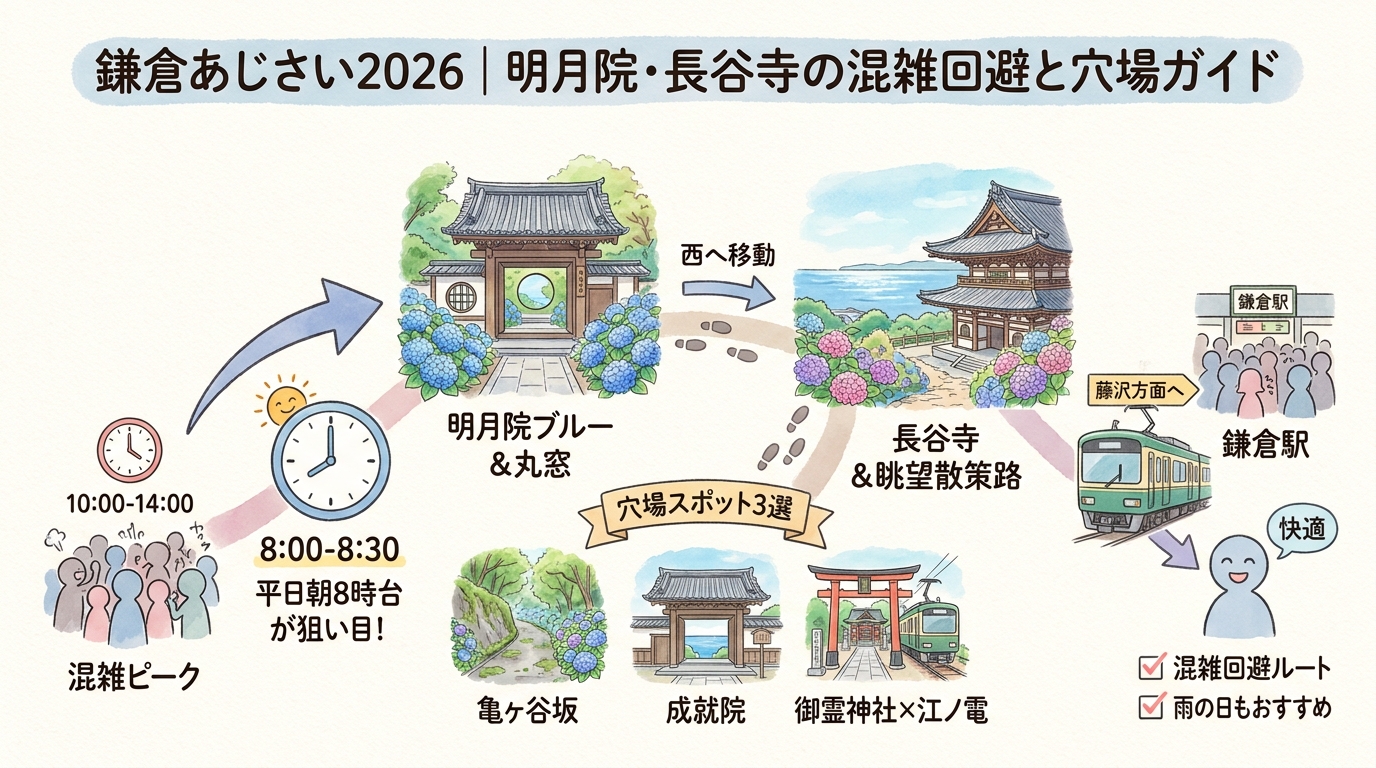 鎌倉あじさい2026｜明月院・長谷寺の混雑回避と穴場ガイド アイキャッチ（PC用）