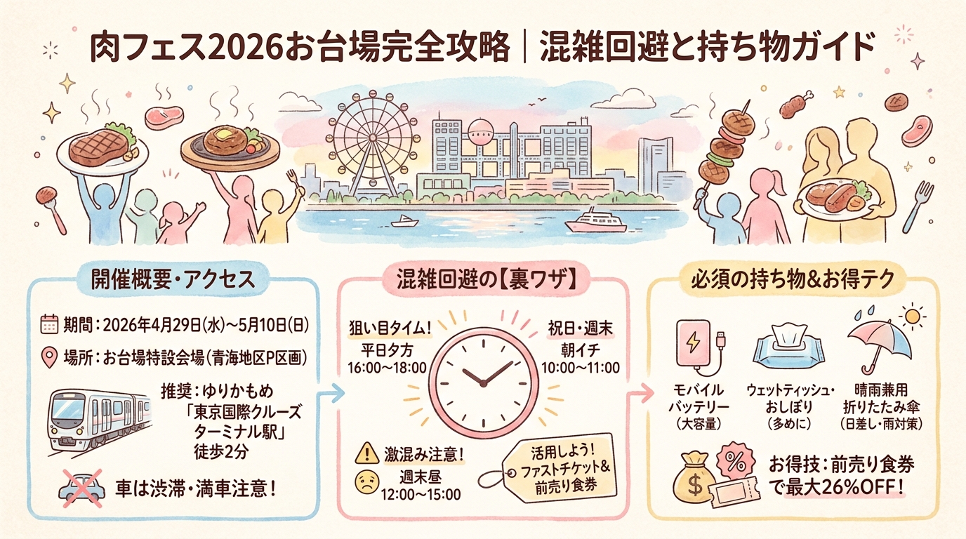 肉フェス2026お台場完全攻略｜混雑回避と持ち物ガイド アイキャッチ（PC用）
