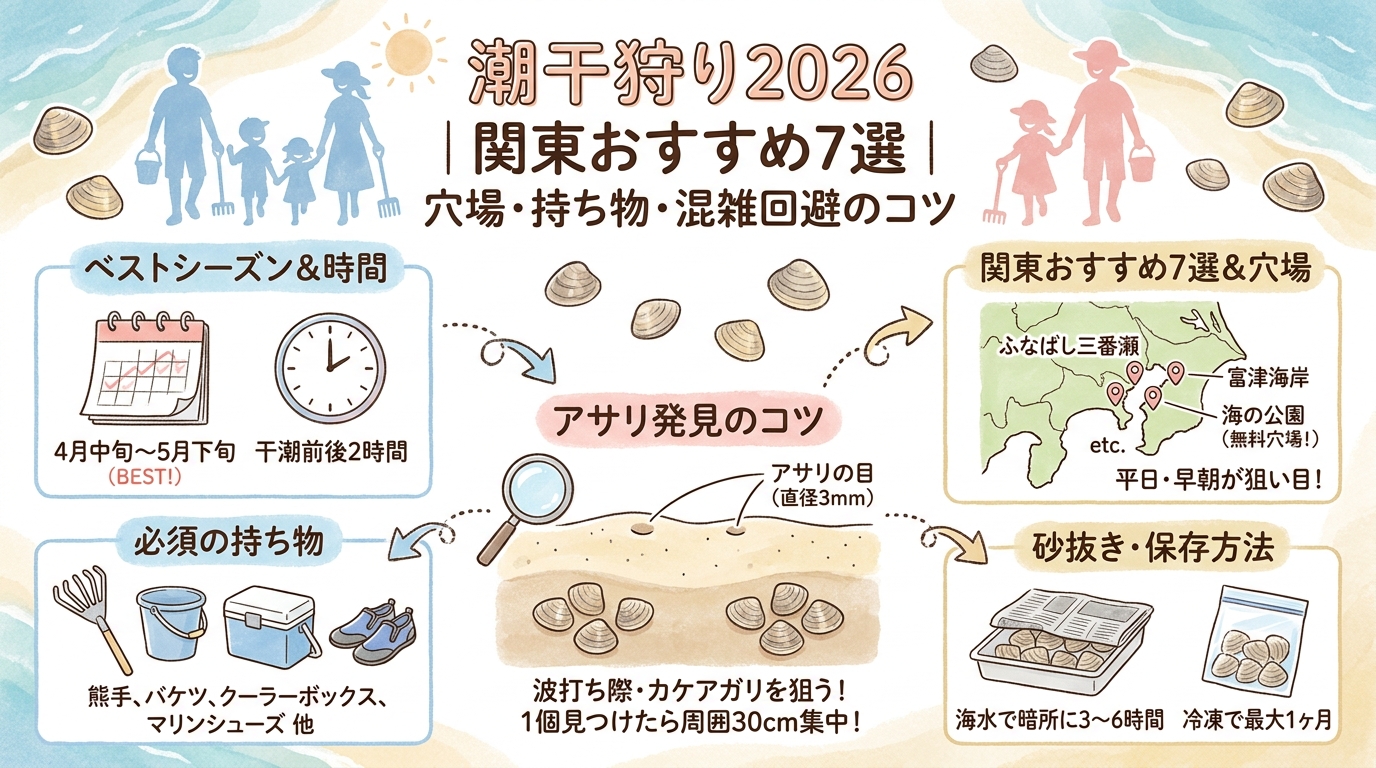 潮干狩り2026関東おすすめ7選｜穴場・持ち物・混雑回避のコツ アイキャッチ（PC用）