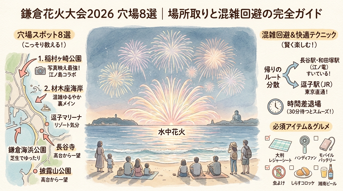 鎌倉花火大会2026穴場8選｜場所取りと混雑回避の完全ガイド アイキャッチ（PC用）