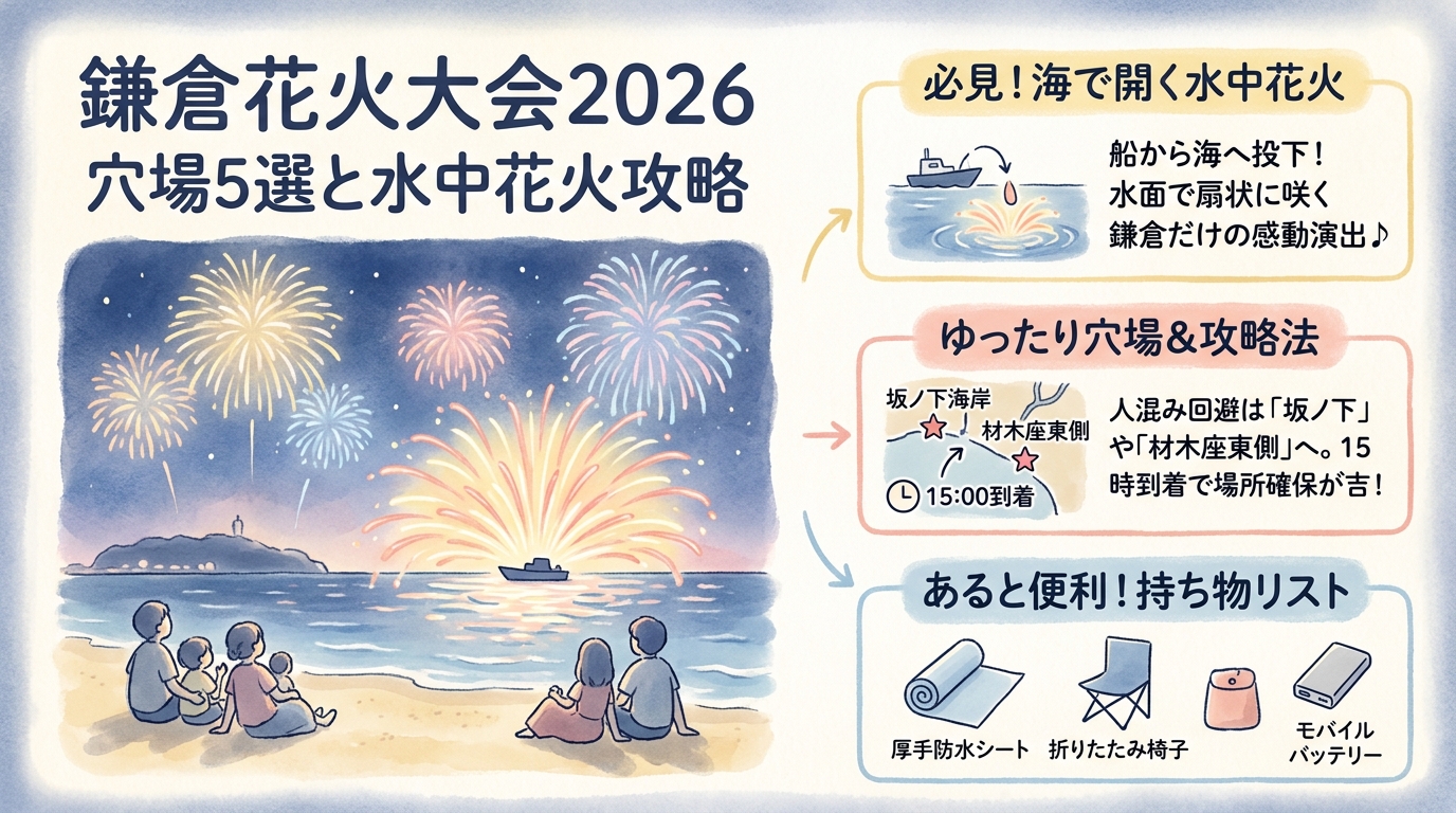 鎌倉花火大会2026｜穴場5選と水中花火攻略 アイキャッチ（PC用）