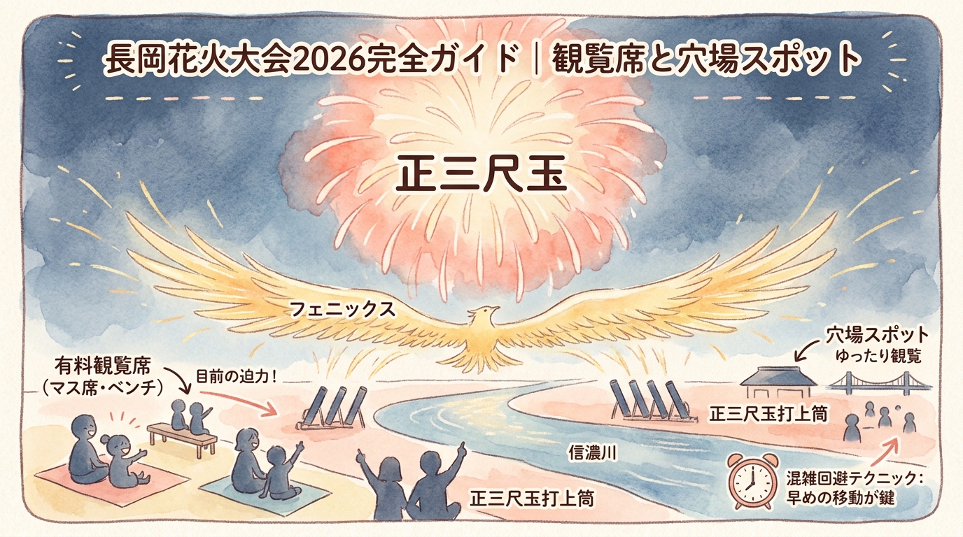 長岡花火大会2026完全ガイド｜観覧席と穴場スポット アイキャッチ（PC用）
