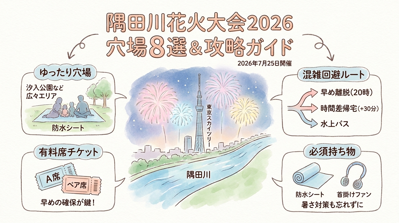 隅田川花火大会2026穴場8選｜有料席比較と混雑回避の全攻略 アイキャッチ（PC用）