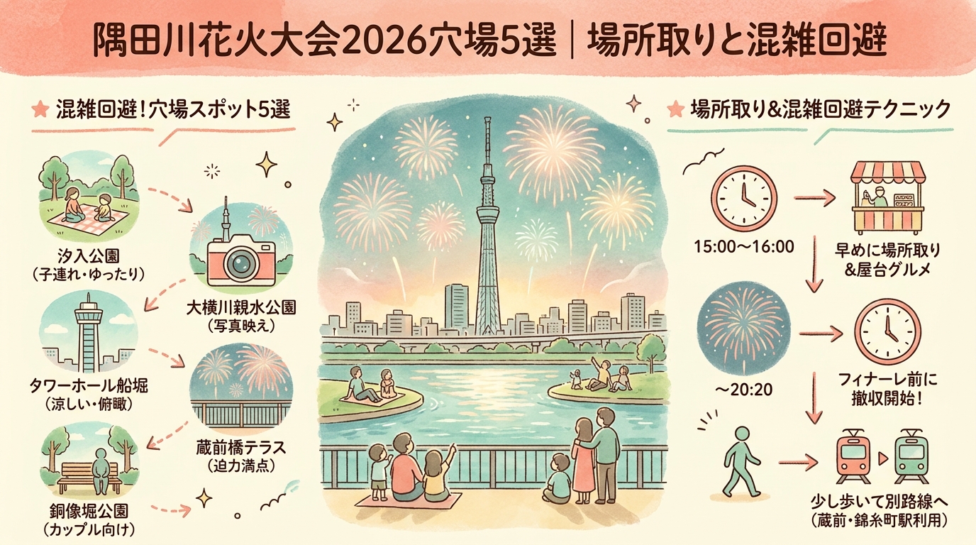 隅田川花火大会2026穴場5選｜場所取りと混雑回避 アイキャッチ（PC用）