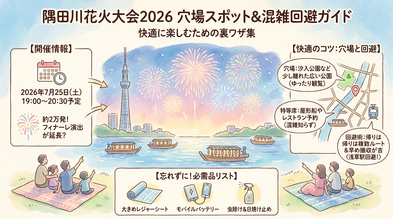 隅田川花火大会2026穴場スポット12選｜混雑回避の裏ワザと場所取りガイド アイキャッチ（PC用）