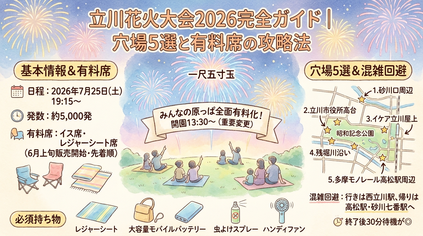 立川花火大会2026完全ガイド｜穴場5選と有料席の攻略法 アイキャッチ（PC用）