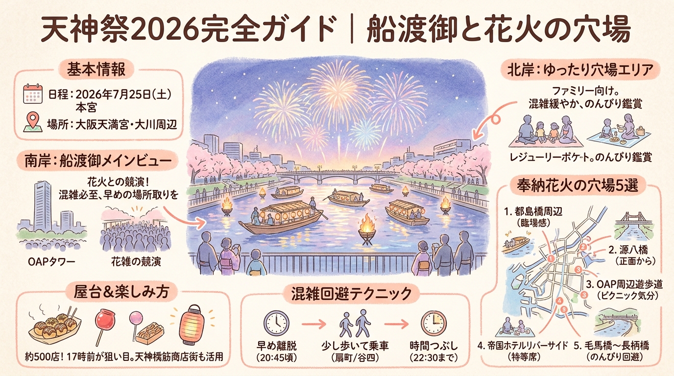 天神祭2026完全ガイド｜船渡御と花火の穴場 アイキャッチ（PC用）