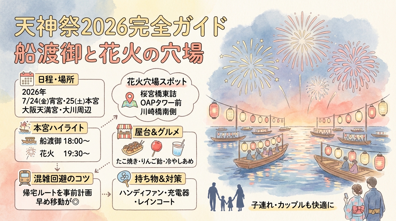 天神祭2026完全ガイド｜船渡御と花火の穴場 アイキャッチ（PC用）