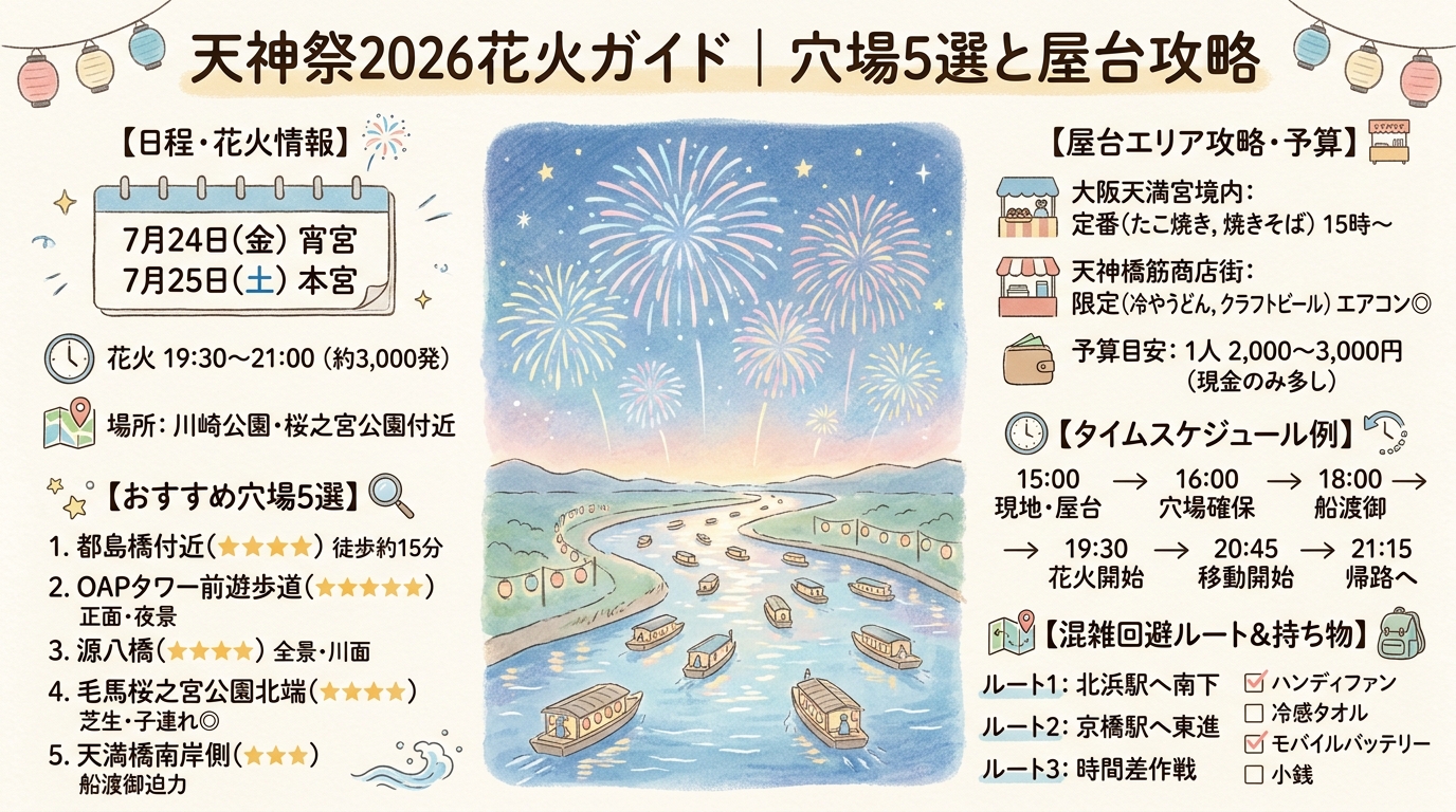 天神祭2026花火ガイド｜穴場5選と屋台攻略 アイキャッチ（PC用）
