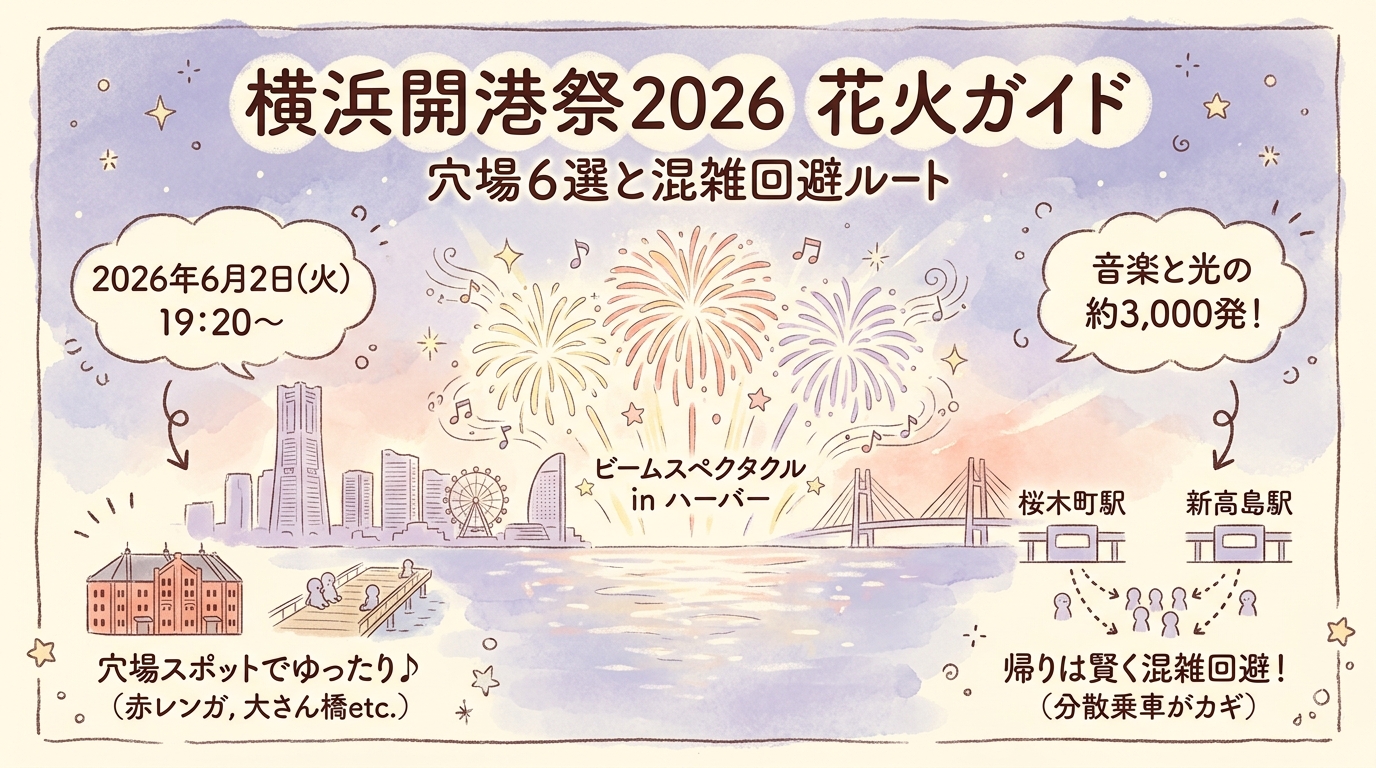 横浜開港祭2026花火ガイド｜穴場6選と混雑回避ルート アイキャッチ（PC用）