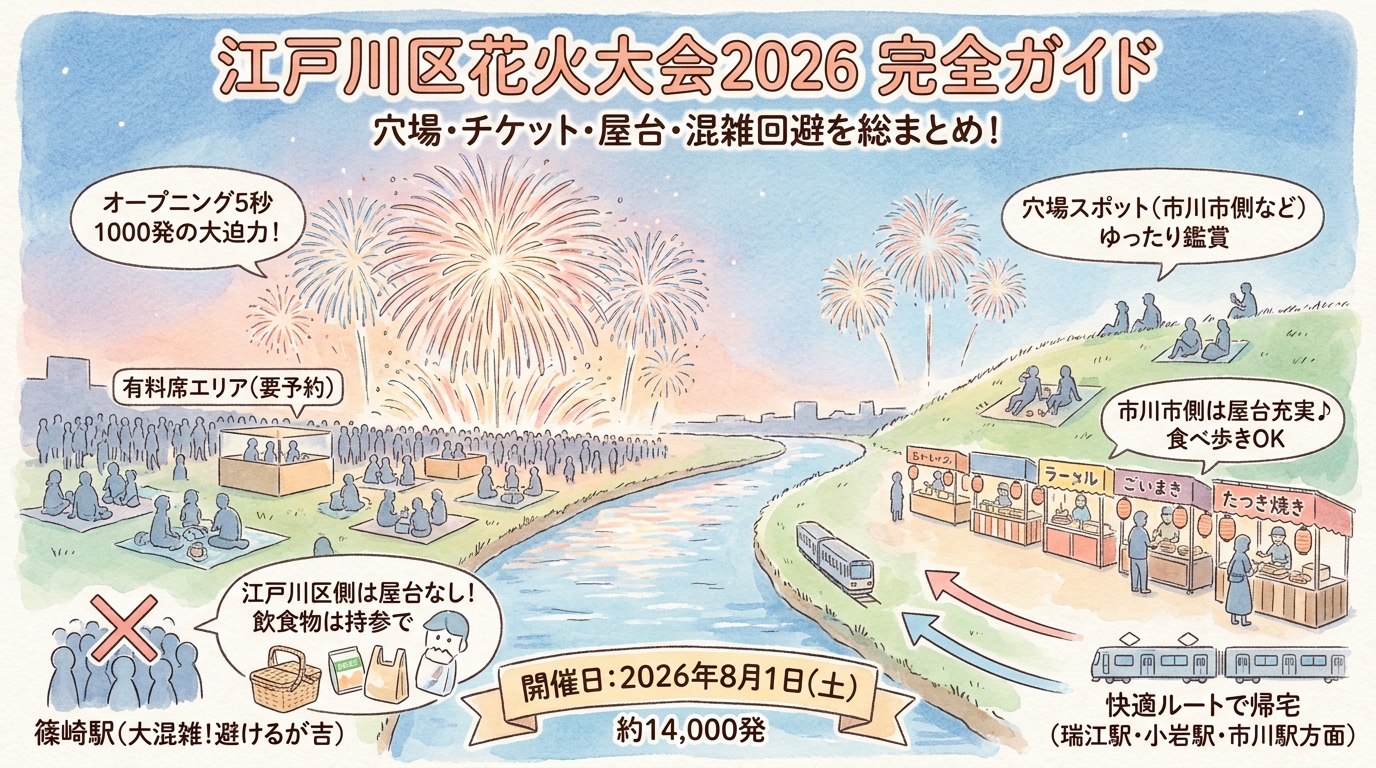 江戸川区花火大会2026完全ガイド 穴場スポット・有料席チケット・屋台・混雑回避など アイキャッチ（PC用）