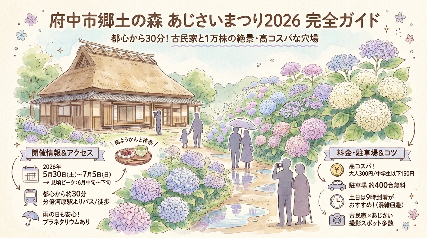 府中市郷土の森あじさいまつり2026完全ガイド 見頃・駐車場・撮影スポット・屋台など アイキャッチ（PC用）