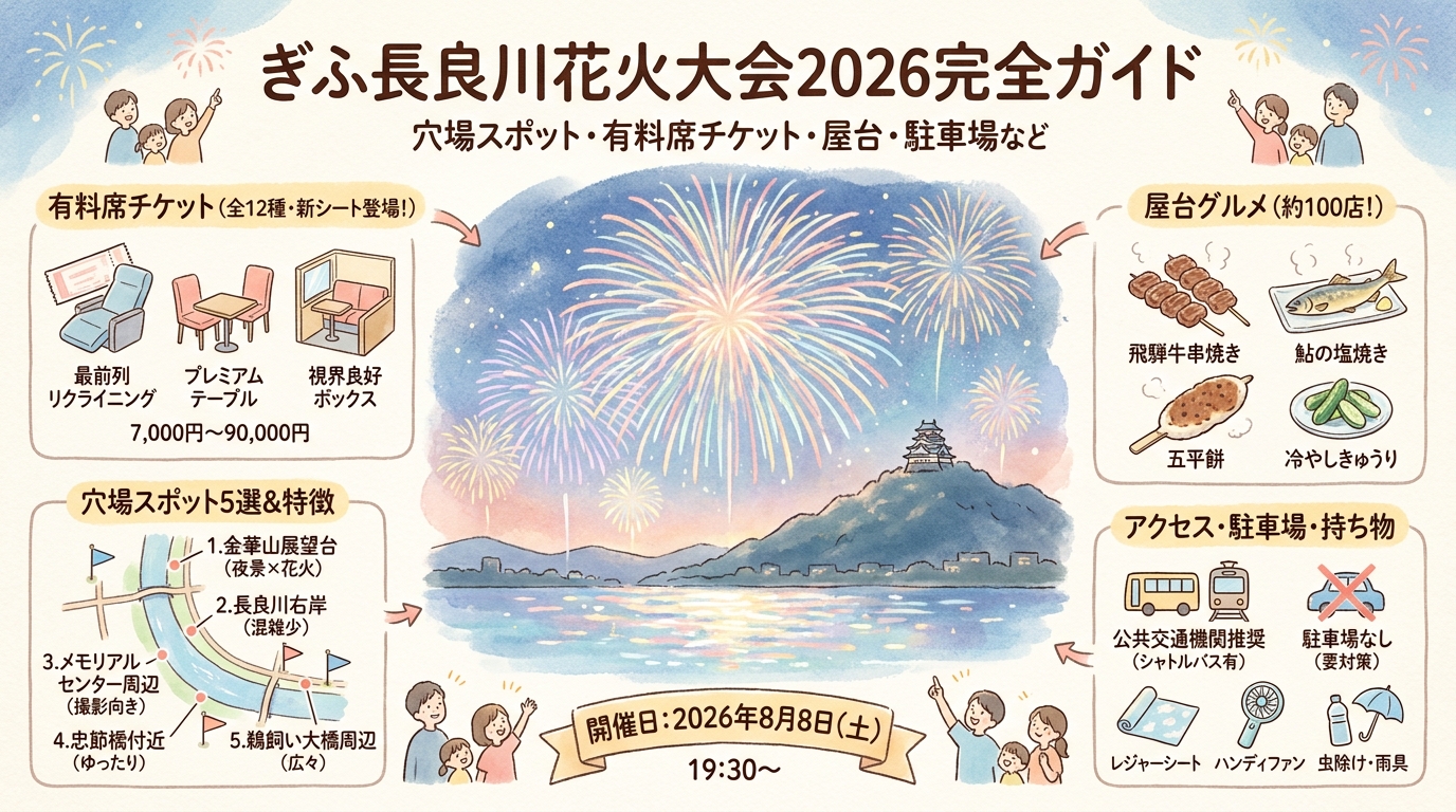 ぎふ長良川花火大会2026完全ガイド 穴場スポット・有料席チケット・屋台・駐車場など アイキャッチ（PC用）