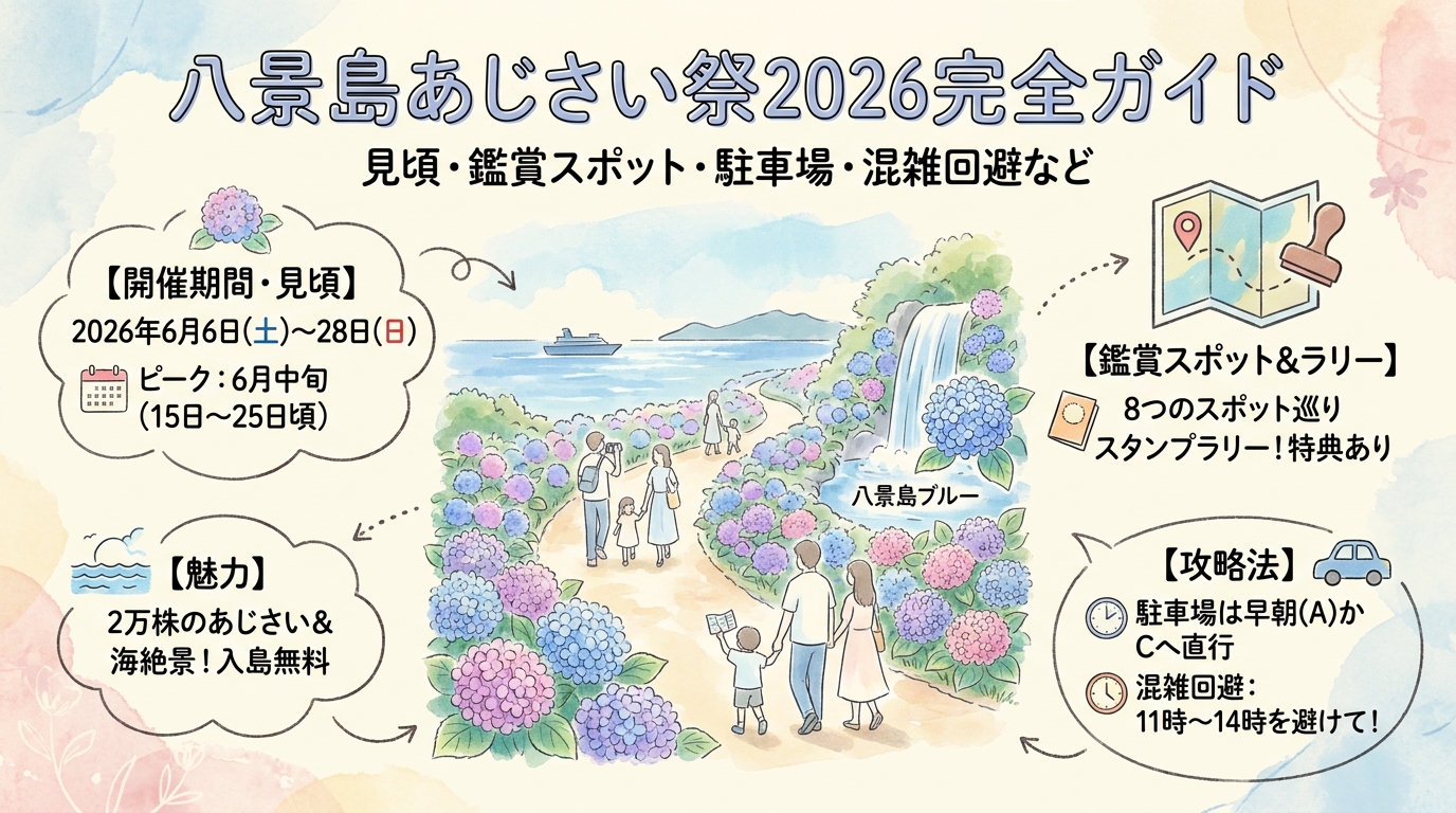 八景島あじさい祭2026完全ガイド 見頃・鑑賞スポット・駐車場・混雑回避など アイキャッチ（PC用）