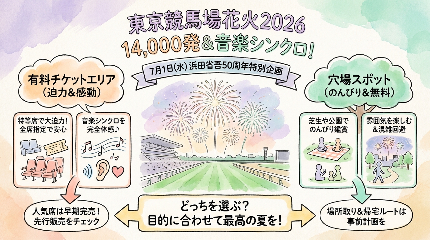 東京競馬場花火2026完全ガイド|チケットと穴場情報 インフォグラフィック