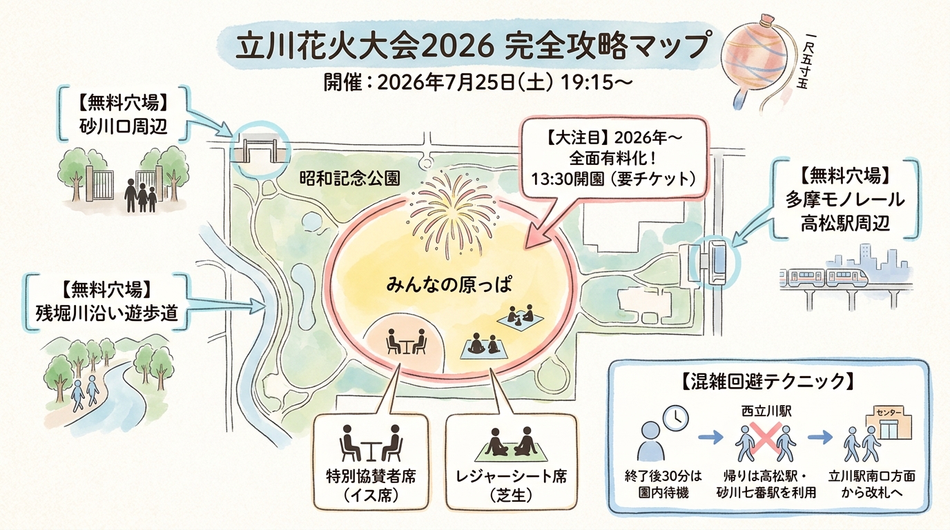 立川花火大会2026完全ガイド|穴場5選と有料席の攻略法 インフォグラフィック