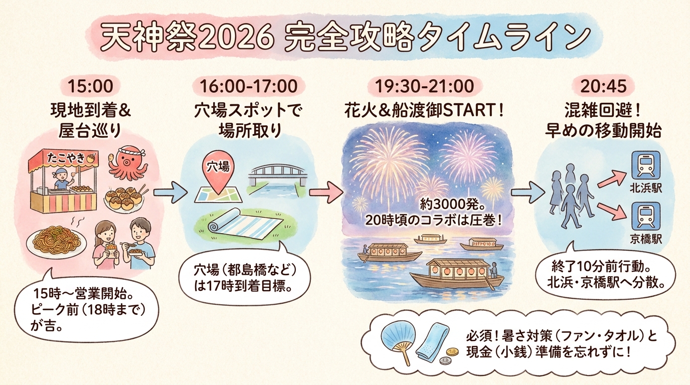 天神祭2026花火ガイド|穴場5選と屋台攻略 インフォグラフィック
