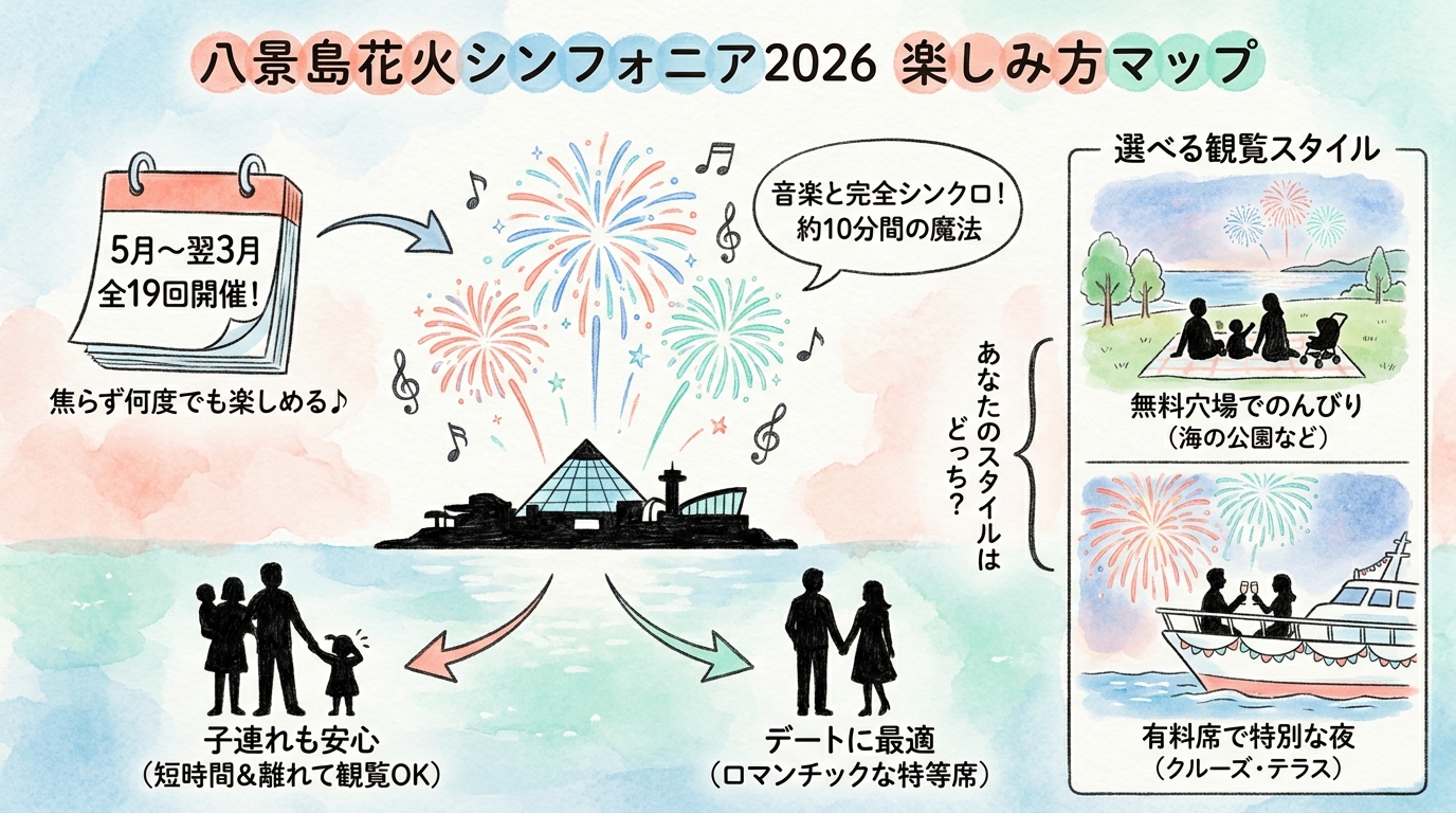 八景島花火シンフォニア2026|穴場と有料席ガイド インフォグラフィック