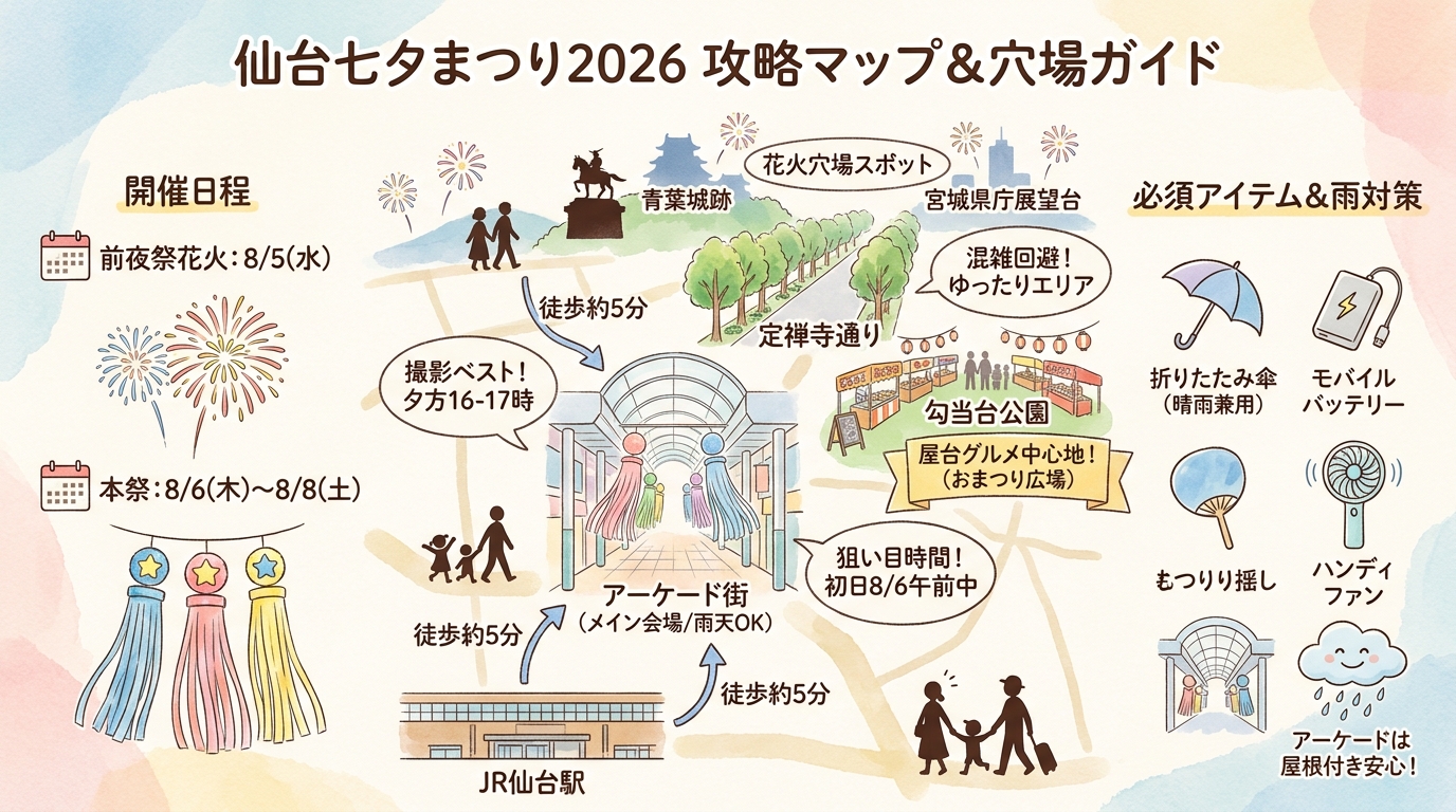 仙台七夕まつり2026|穴場と屋台グルメ攻略法 インフォグラフィック