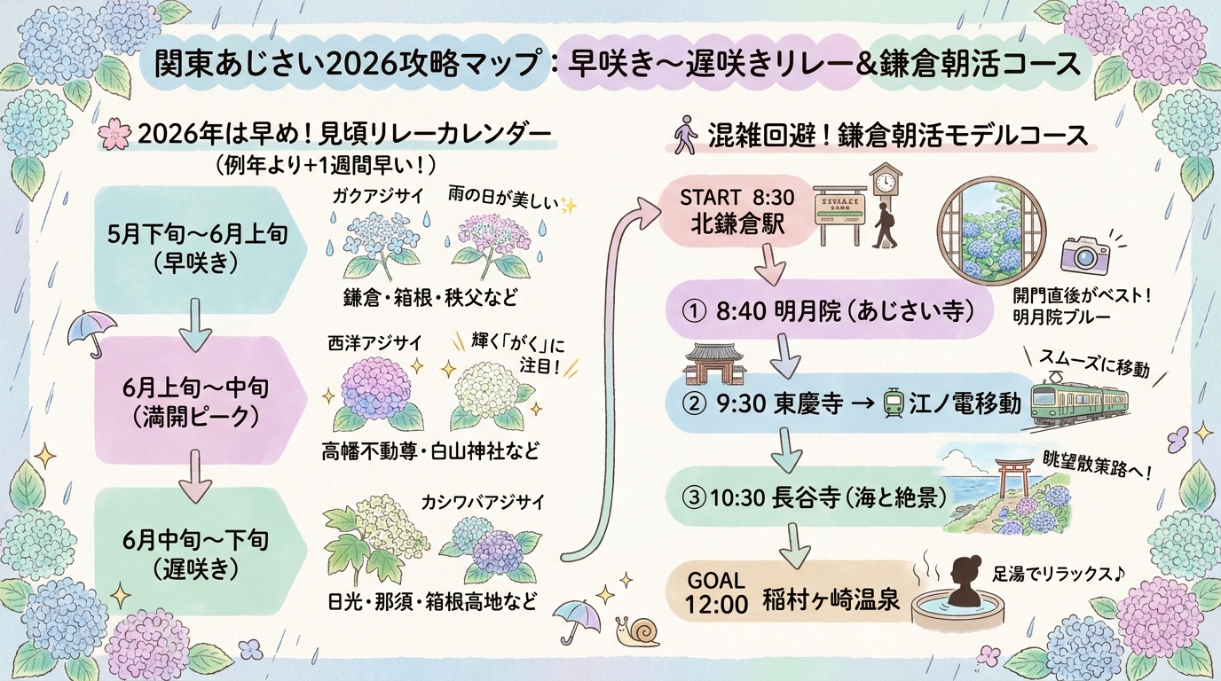 関東あじさい名所おすすめ10選2026｜穴場と見頃ガイド インフォグラフィック