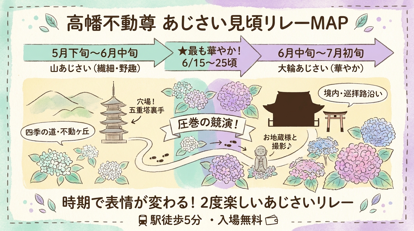 高幡不動尊あじさいまつり2026|穴場と見頃ガイド インフォグラフィック