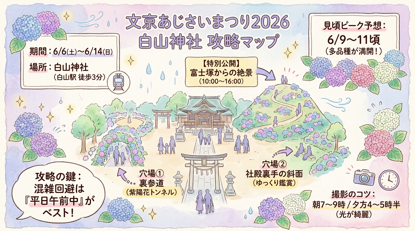文京あじさいまつり2026完全ガイド|白山神社の見頃と穴場 インフォグラフィック