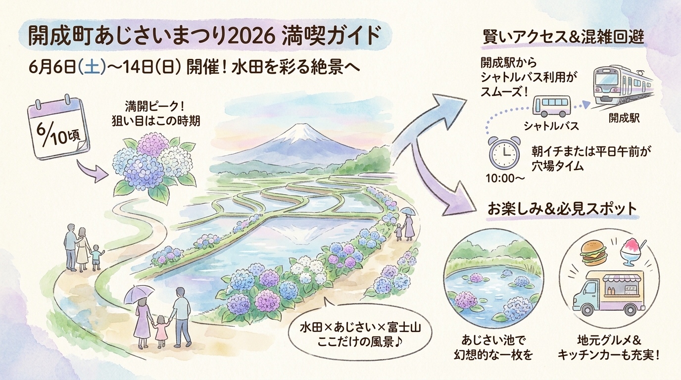 開成町あじさいまつり2026完全ガイド 見頃・駐車場・混雑・屋台など インフォグラフィック