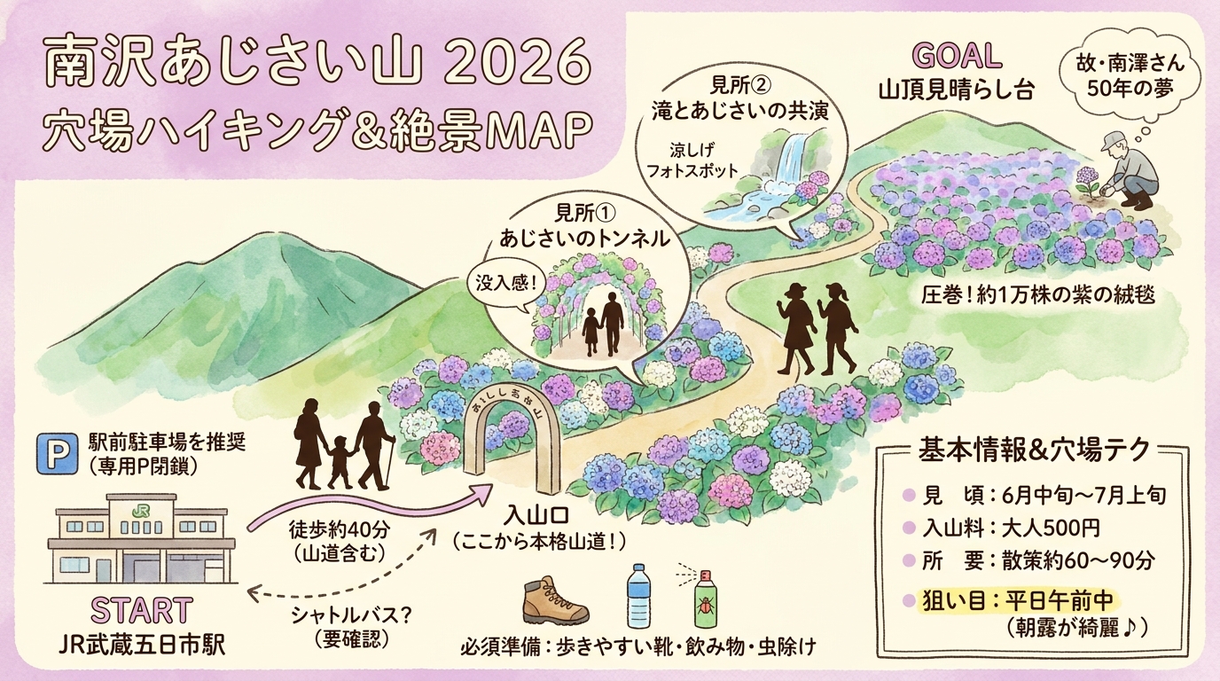 南沢あじさい山2026穴場ガイド 見頃・アクセス・駐車場・撮影スポットなど インフォグラフィック