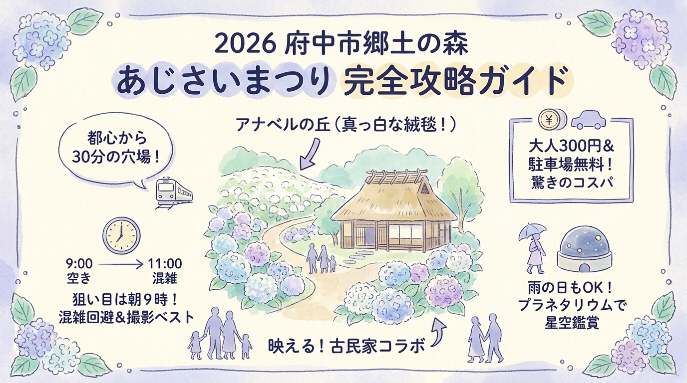 府中市郷土の森あじさいまつり2026完全ガイド 見頃・駐車場・撮影スポット・屋台など インフォグラフィック