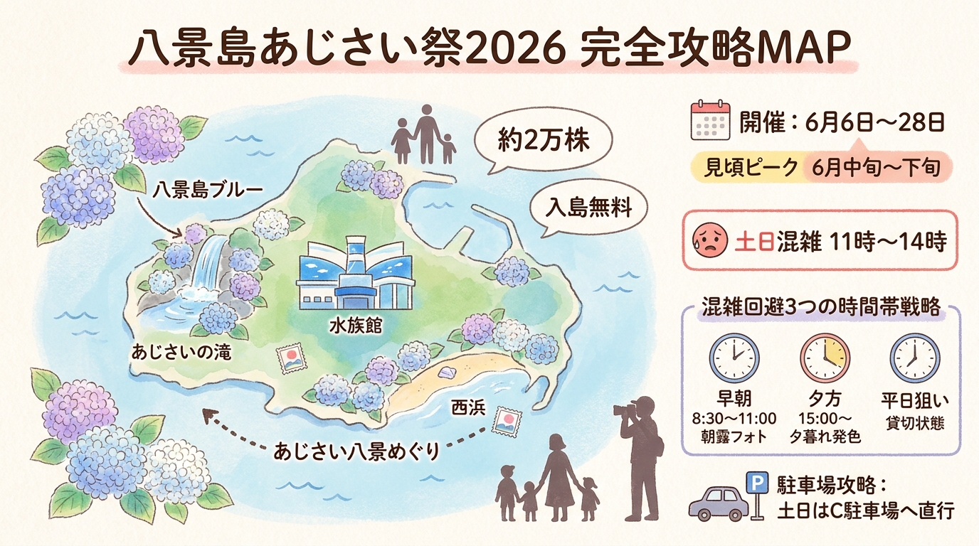 八景島あじさい祭2026完全ガイド 見頃・鑑賞スポット・駐車場・混雑回避など インフォグラフィック