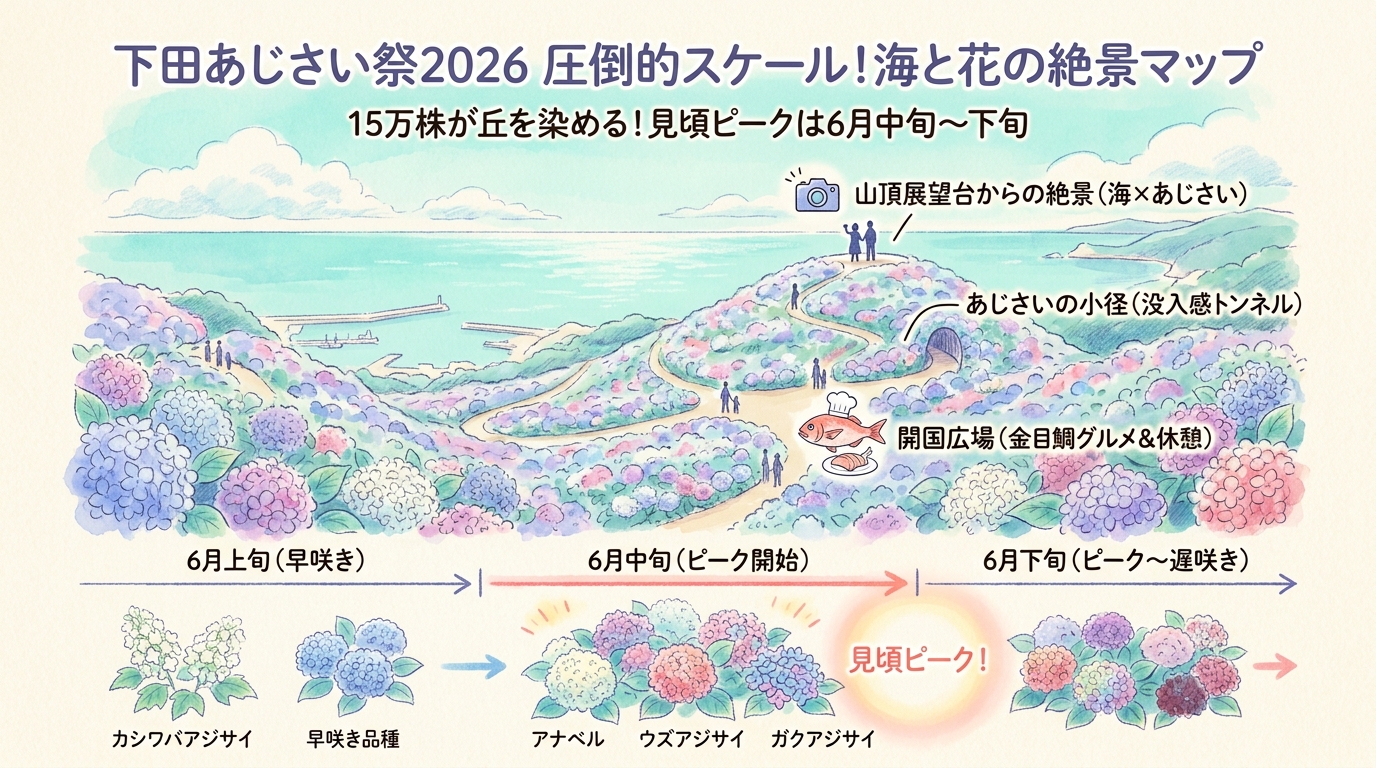 下田あじさい祭2026完全ガイド 見頃・駐車場・金目鯛グルメ・撮影スポットなど インフォグラフィック