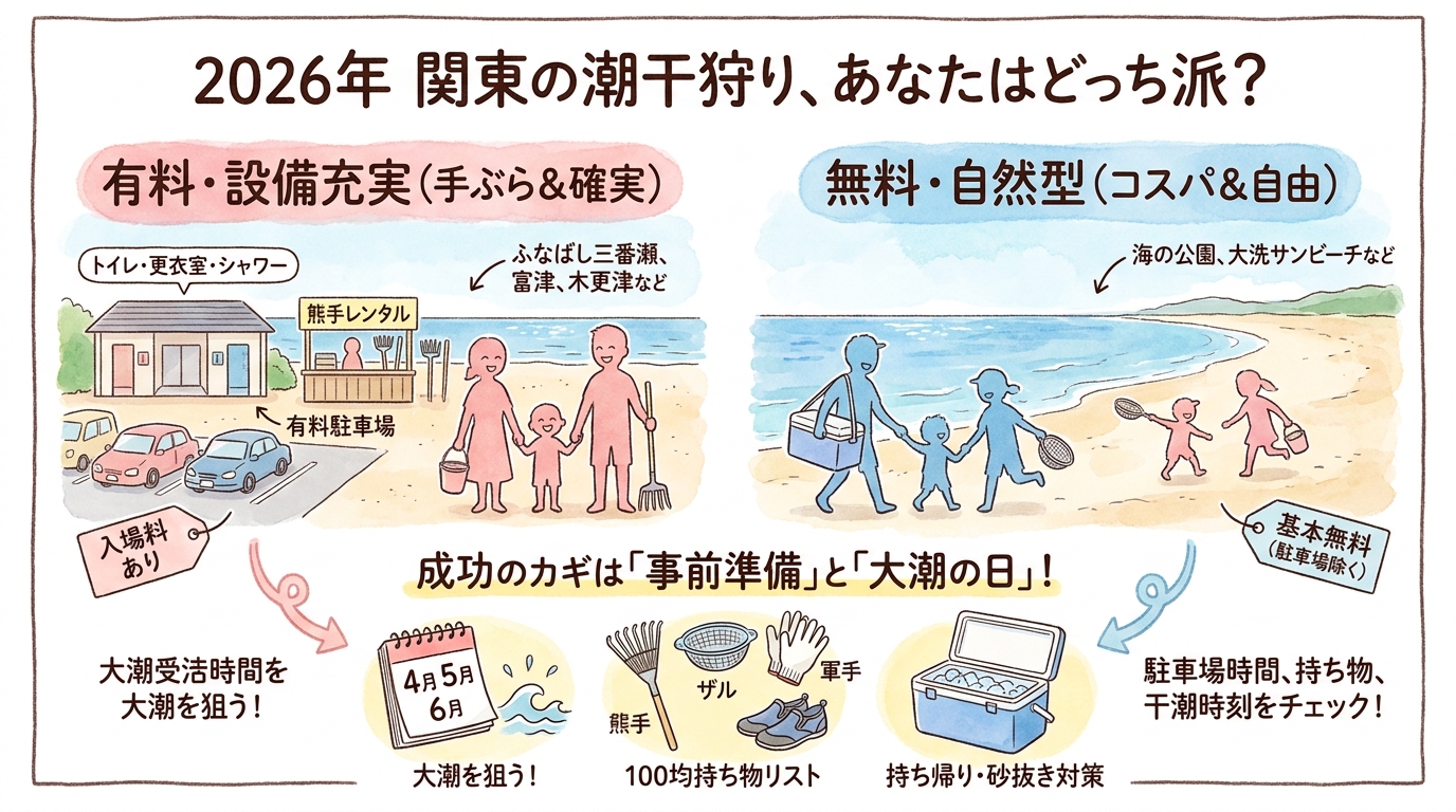 【2026年】関東の潮干狩りおすすめ9選|無料穴場・持ち物ガイド インフォグラフィック