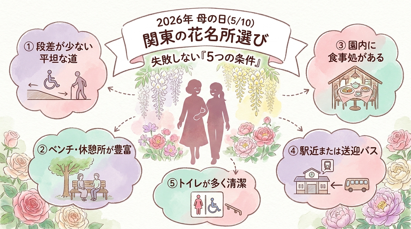 【2026】母の日に行きたい関東の花の名所7選|見頃のバラと藤 インフォグラフィック