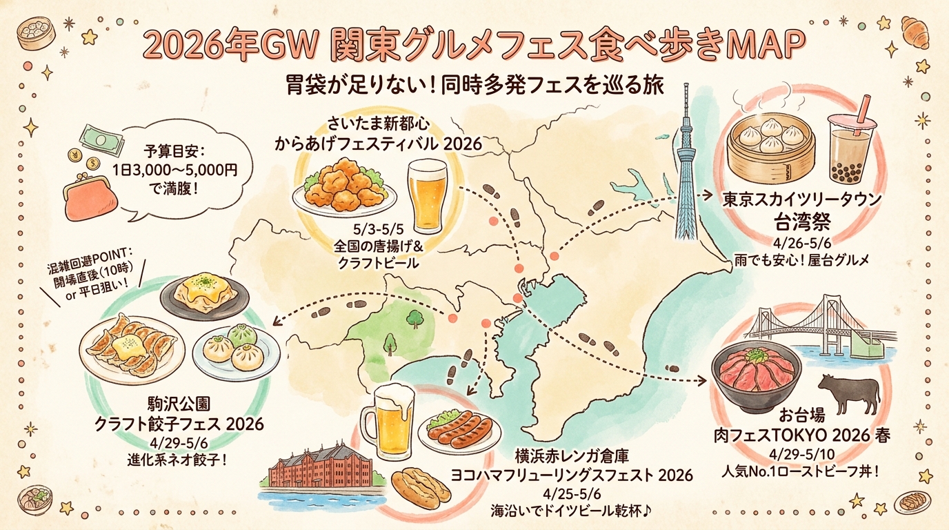 GWグルメフェス2026関東おすすめ8選｜肉フェス・餃子・台湾祭り インフォグラフィック