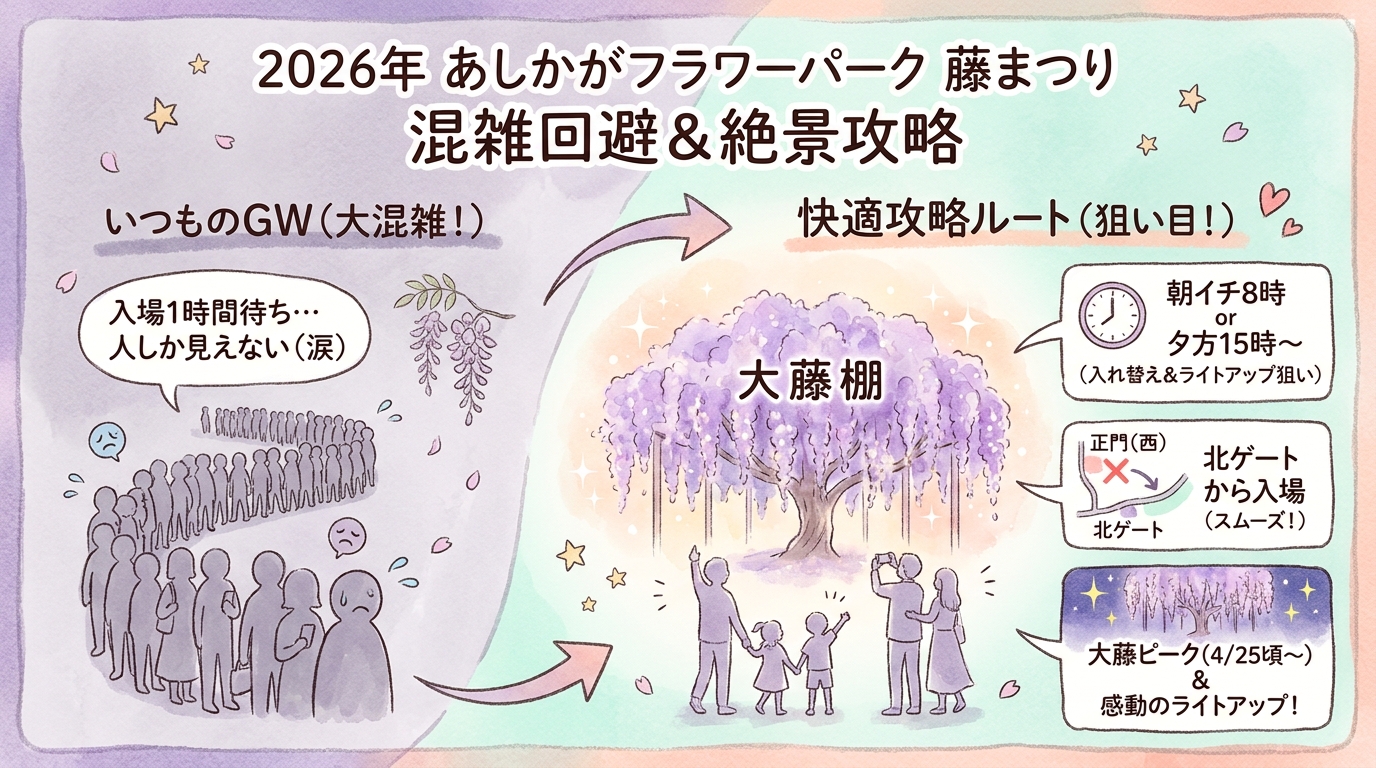 あしかがフラワーパーク藤まつり2026｜見頃と混雑回避の完全攻略 インフォグラフィック