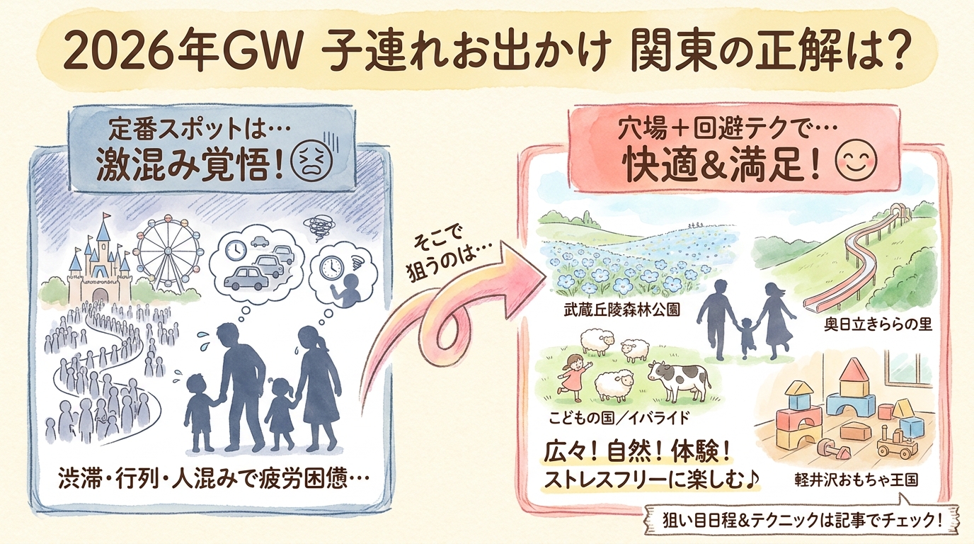 GW子連れお出かけ関東9選｜穴場と混雑回避テク インフォグラフィック