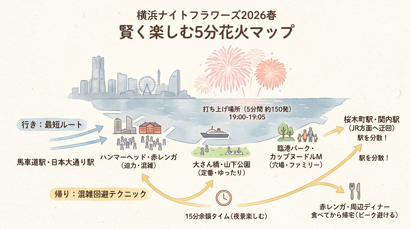横浜ナイトフラワーズ2026春|穴場と混雑回避ガイド インフォグラフィック