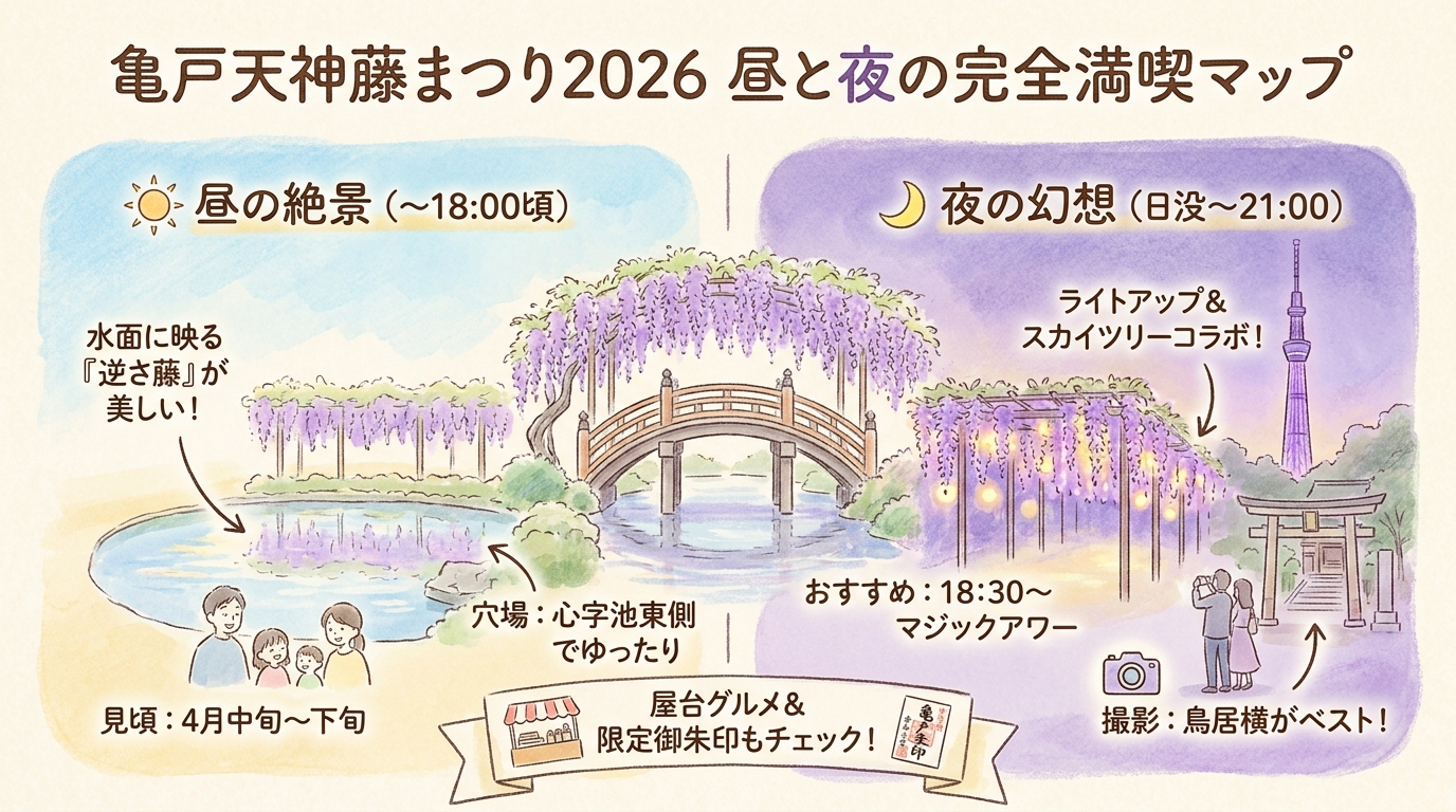 亀戸天神藤まつり2026｜見頃と穴場の完全ガイド インフォグラフィック