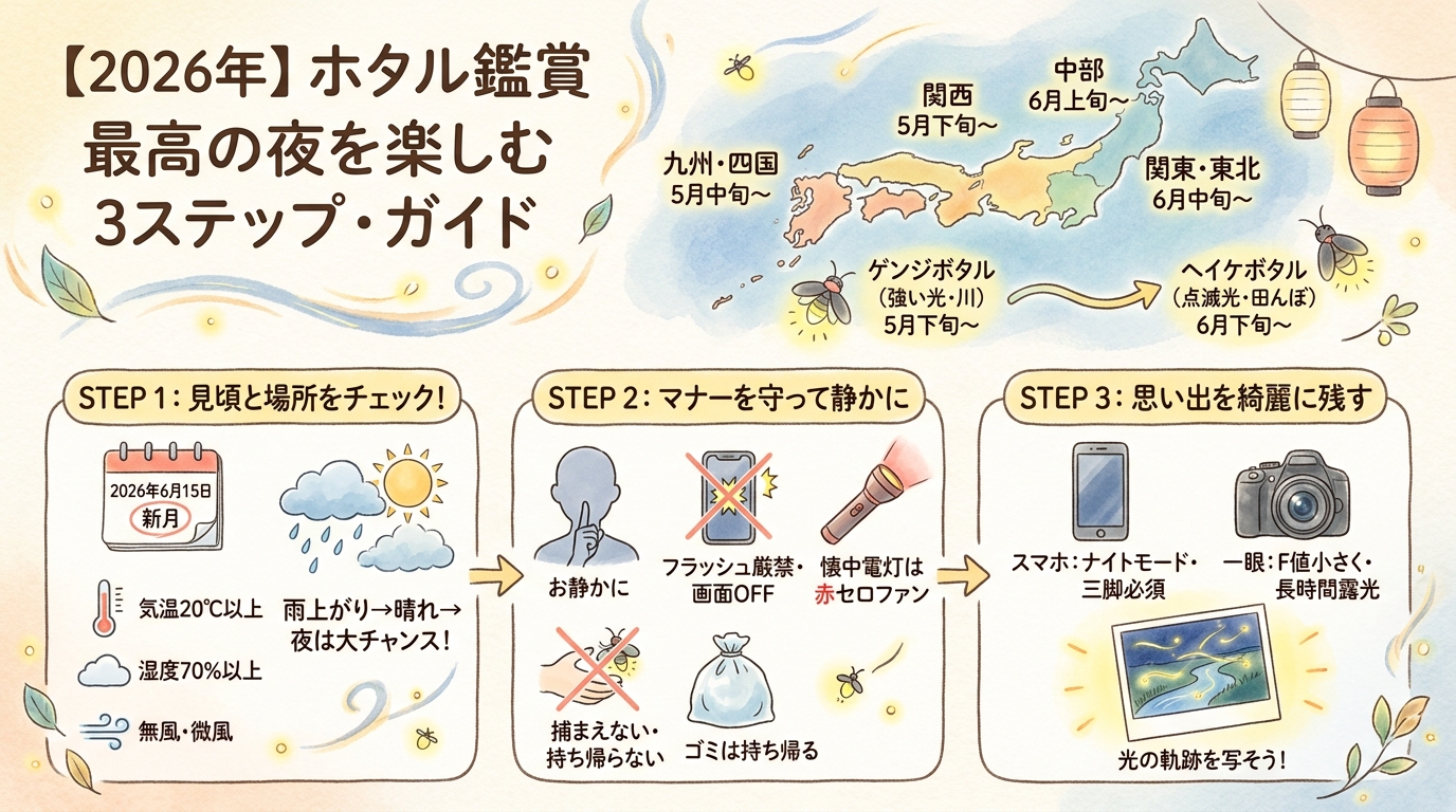 【2026年】ホタル鑑賞スポット全国15選｜見頃カレンダー・観賞マナー・撮影のコツまで インフォグラフィック