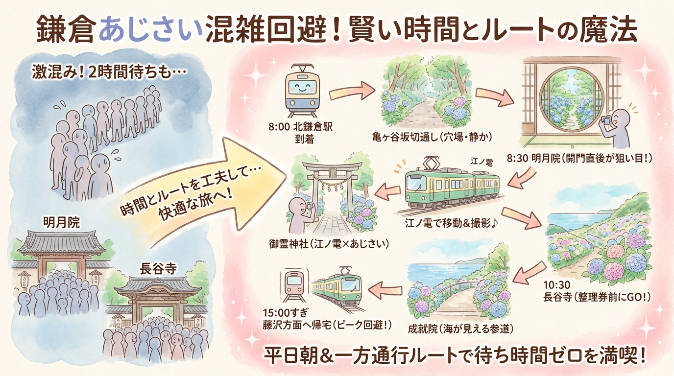 鎌倉あじさい2026|明月院・長谷寺の混雑回避と穴場ガイド インフォグラフィック