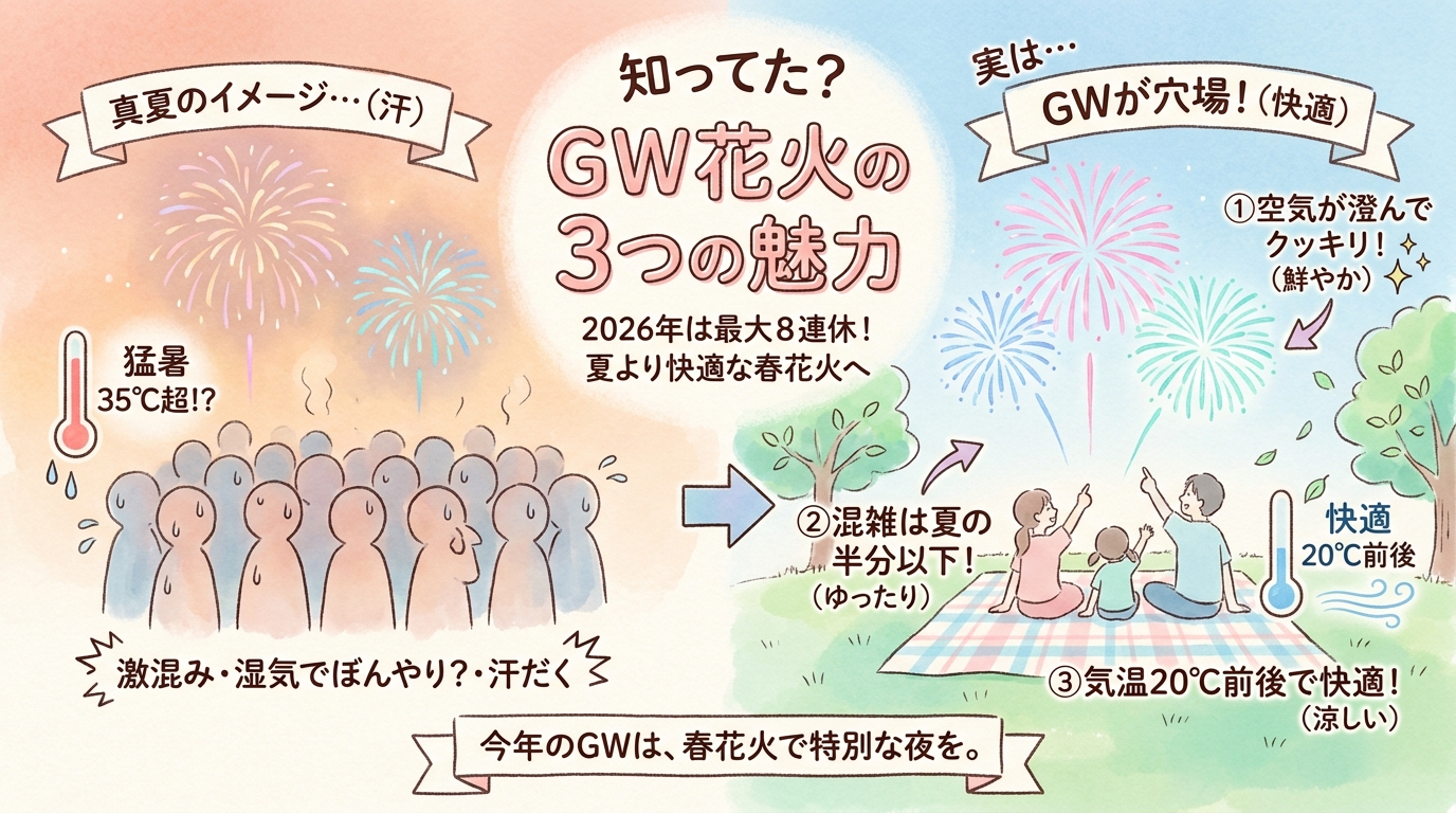 GW花火大会2026まとめ|関東・関西の日程と穴場スポット インフォグラフィック