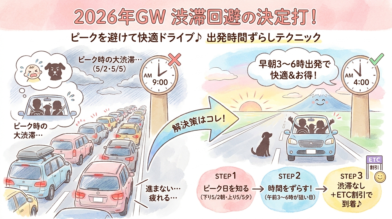 GW渋滞回避術2026｜高速道路のピーク日と時間帯別の混雑対策 インフォグラフィック