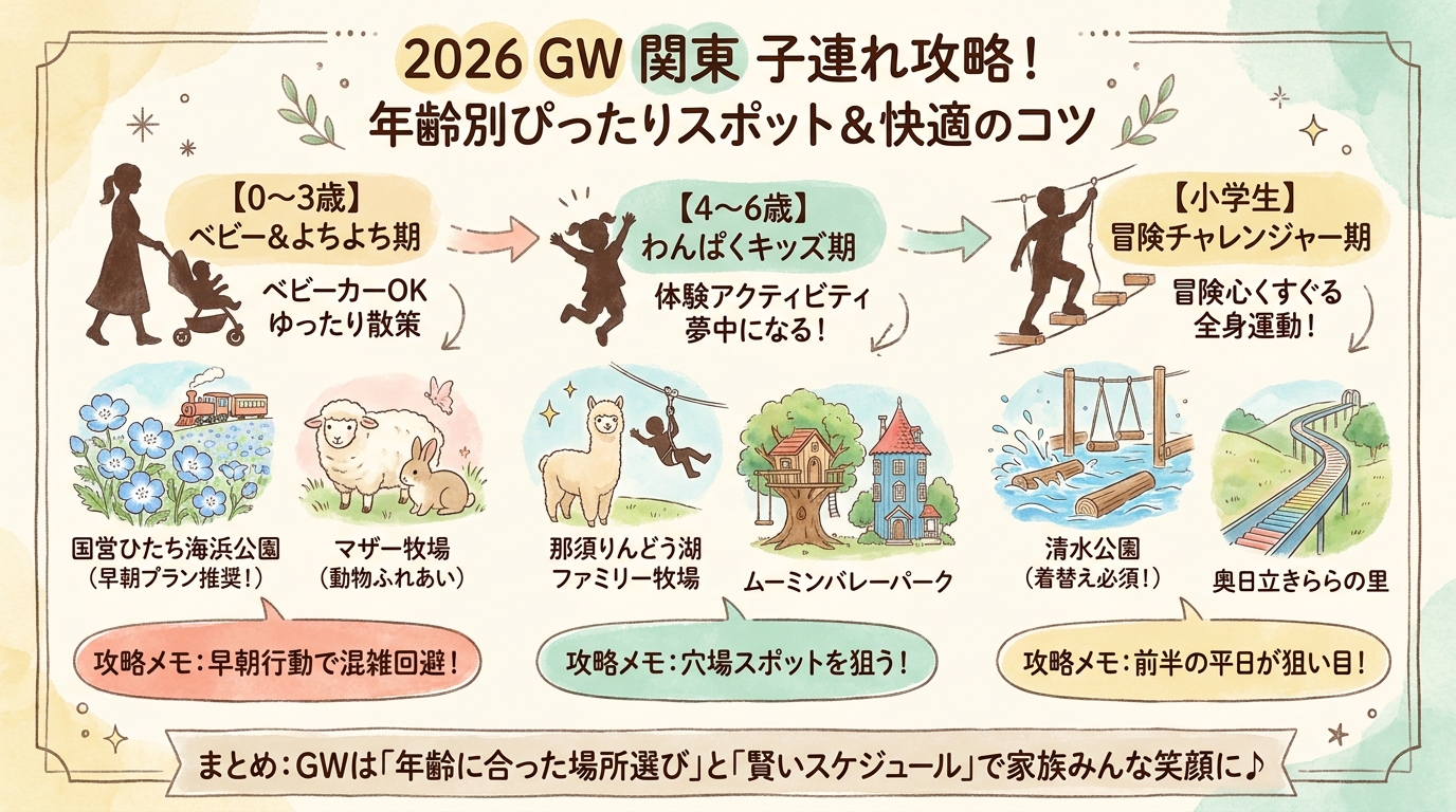 GW子連れおでかけ関東2026｜年齢別おすすめスポット厳選 インフォグラフィック