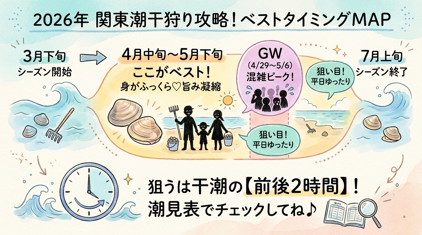潮干狩り2026関東おすすめ7選|穴場・持ち物・混雑回避のコツ インフォグラフィック