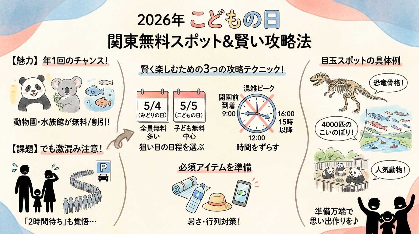 こどもの日に無料の関東スポット12選｜2026 インフォグラフィック