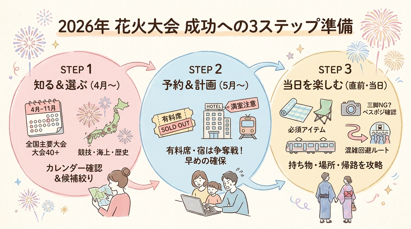 【2026年版】全国花火大会カレンダー｜日程・穴場・観覧テク完全ガイド インフォグラフィック
